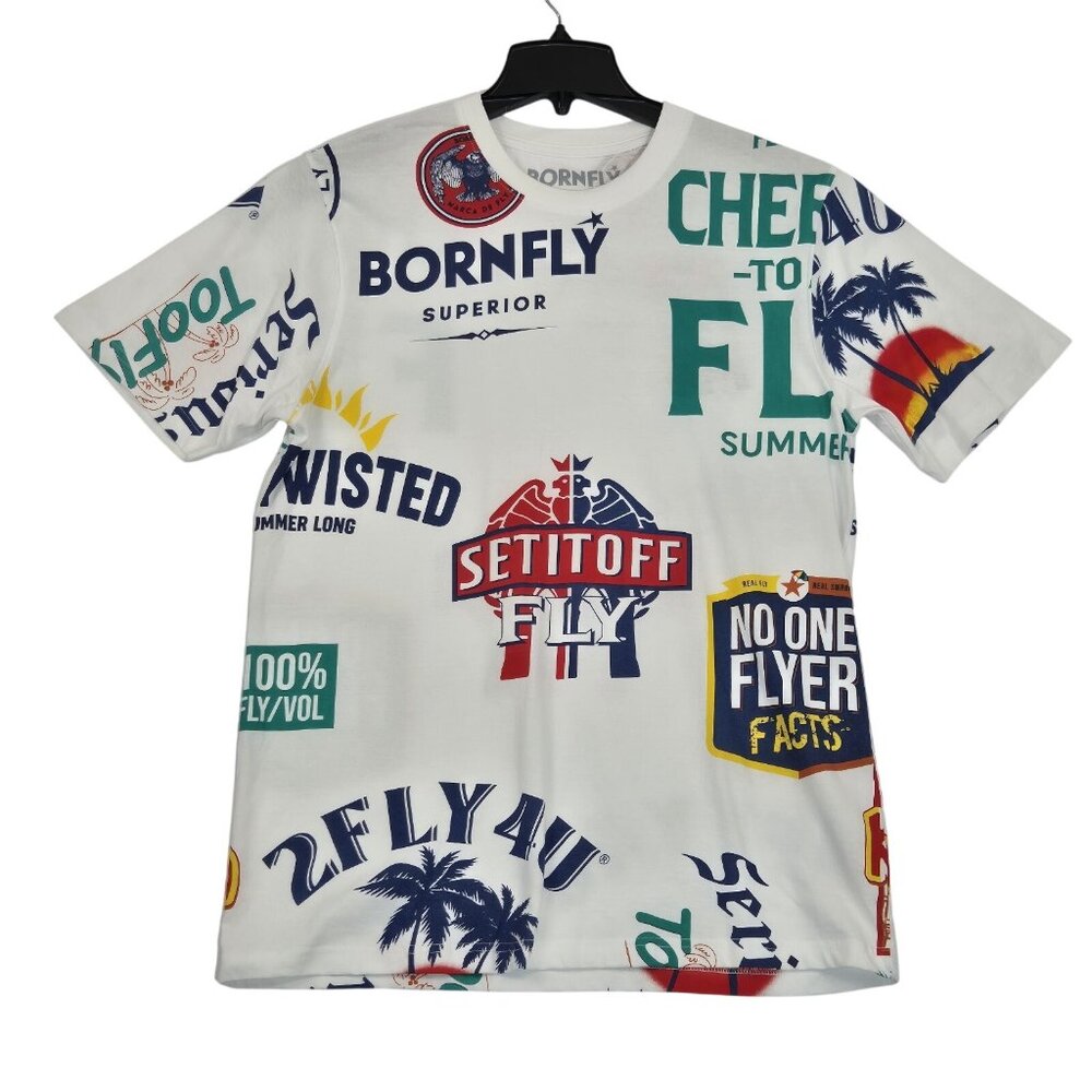 Born Fly Mens T Shirt Size 3X Short Sleeve Cotton White Drinks Theme  Printed 63